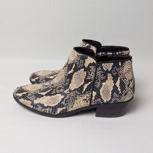 Sam Edelman Petty Snakeskin Leather Ankle Boots Cream Black Sz 8 Low Block Heel